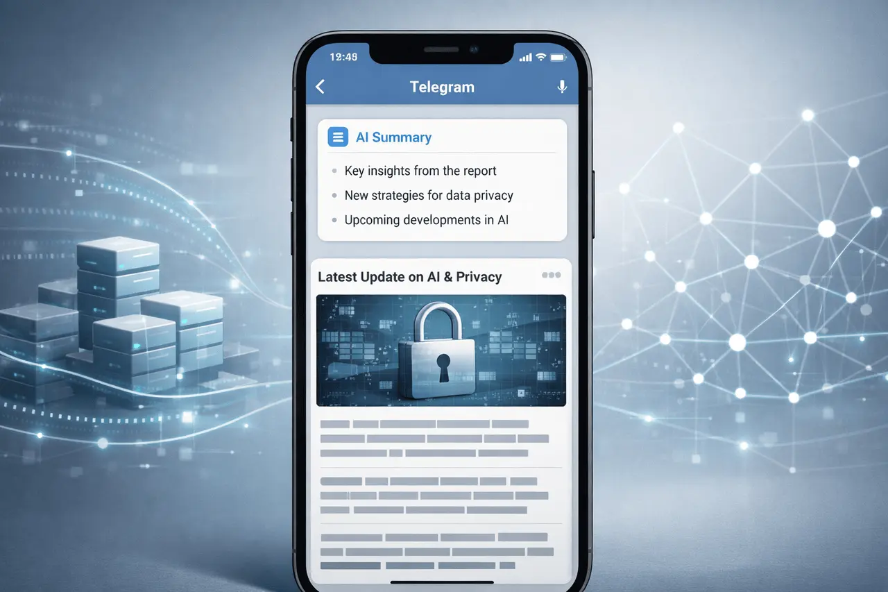 Telegram AI Summaries feature showing AI-generated summary on long-form posts using privacy-focused decentralized compute network.