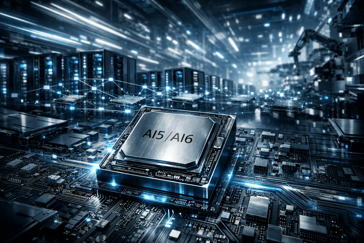 Tesla AI chips powering large-scale AI infrastructure, showcasing custom silicon, data center integration, and rapid chip development cycles..