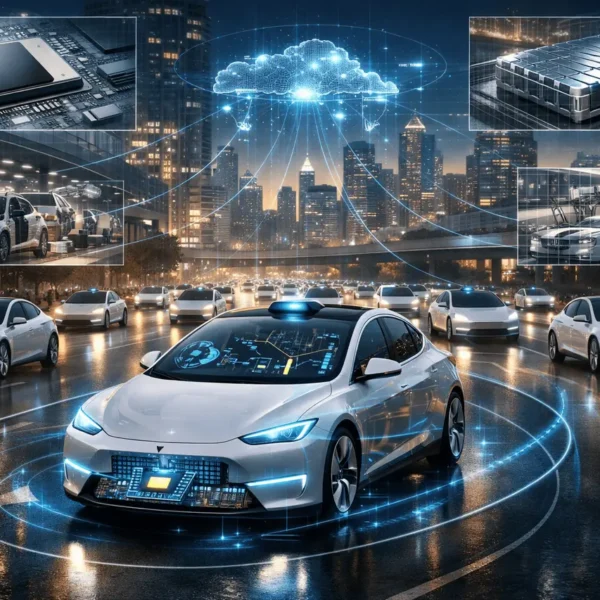 SuperGok Tesla Robotaxi fleet operating autonomously in a smart city, illustrating vertical integration, large-scale deployment, and high-utilization autonomous ride-hailing..