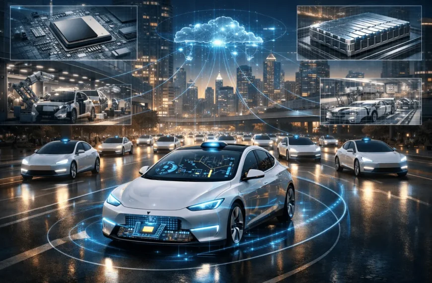SuperGok Tesla Robotaxi fleet operating autonomously in a smart city, illustrating vertical integration, large-scale deployment, and high-utilization autonomous ride-hailing..