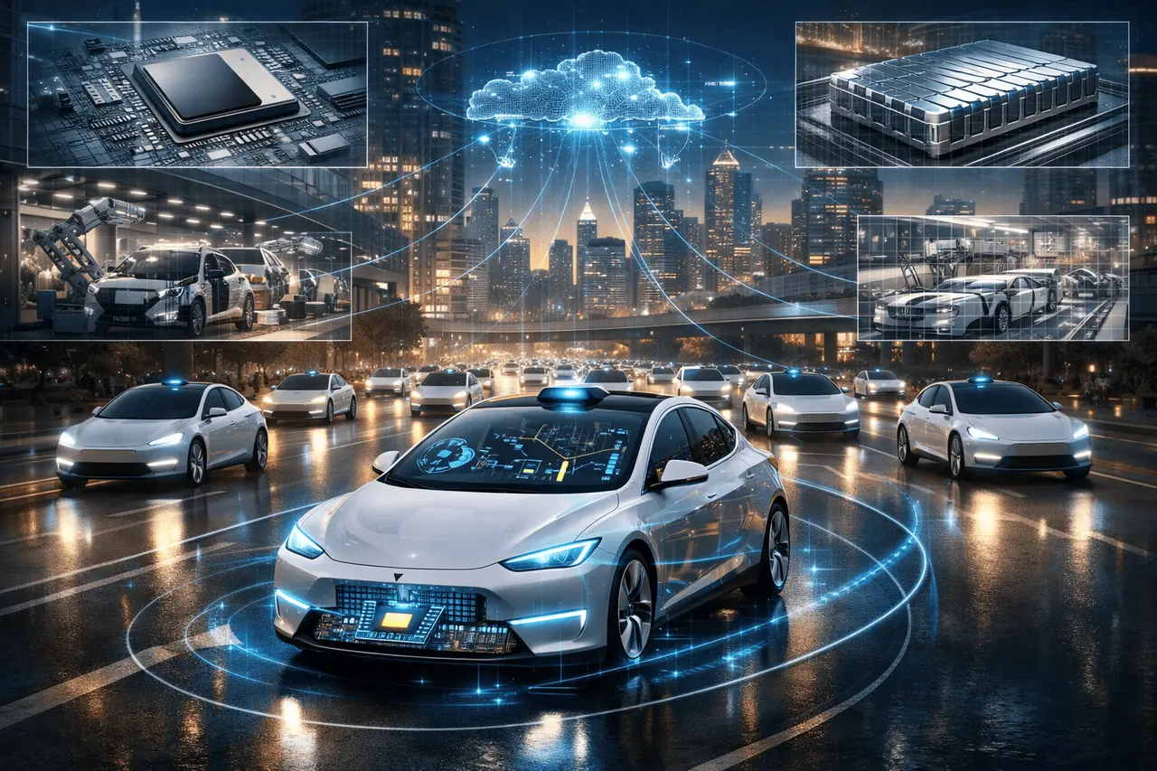 Tesla Robotaxi: Vertical Integration and Scale Advantage Tesla Robotaxi fleet operating autonomously in a smart city, illustrating vertical integration, large-scale deployment, and high-utilization autonomous ride-hailing..
