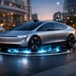 Tesla Robotaxi Cybercab wirelessly charging over an inductive pad with no charging port in a futuristic smart city.