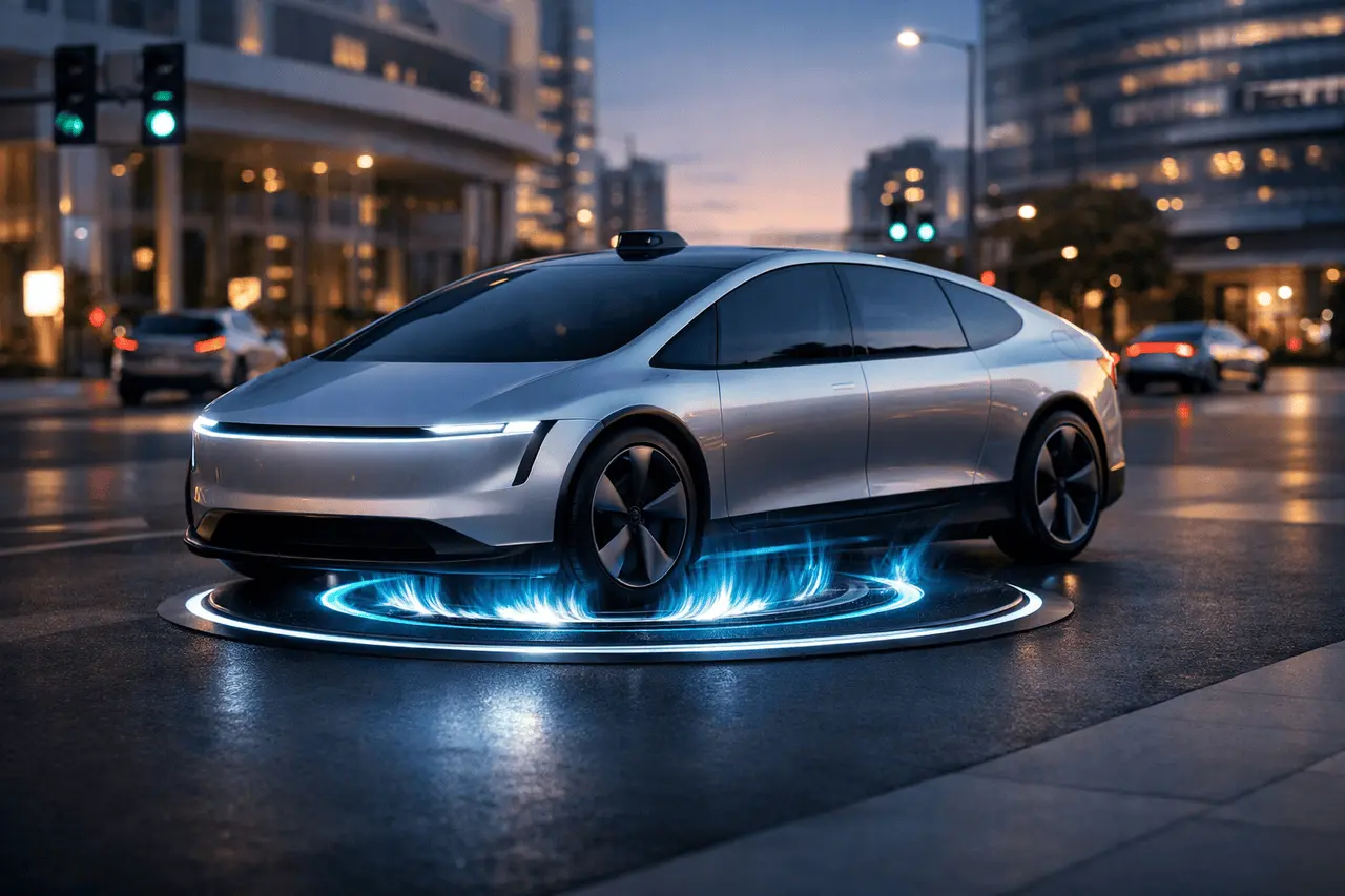 Tesla Robotaxi Cybercab wirelessly charging over an inductive pad with no charging port in a futuristic smart city.