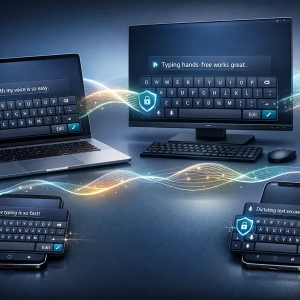 Typeless AI voice keyboard showing secure on-device voice typing and in-keyboard text editing across Mac, Windows, iOS, and Android devices.