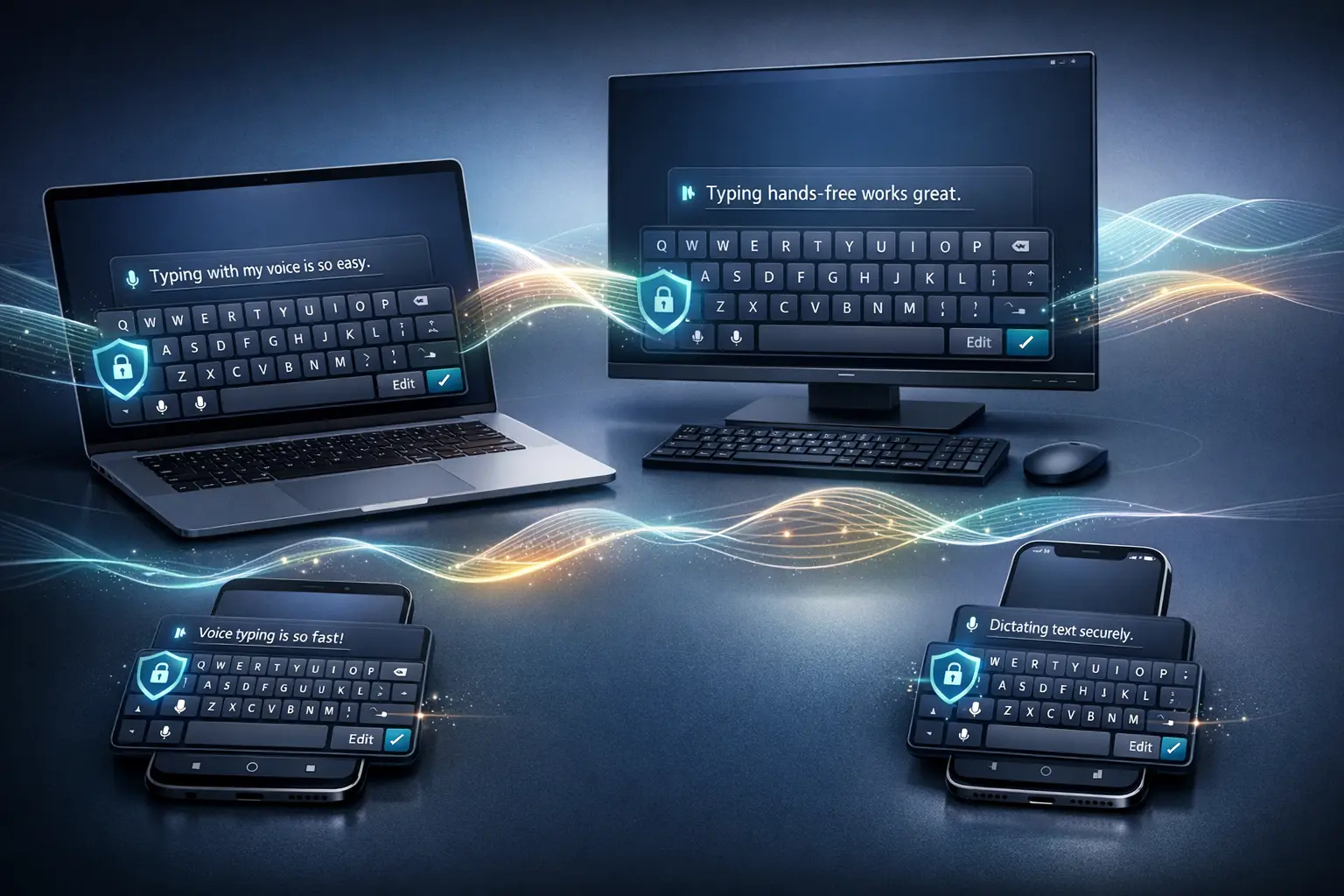 Typeless AI voice keyboard showing secure on-device voice typing and in-keyboard text editing across Mac, Windows, iOS, and Android devices.