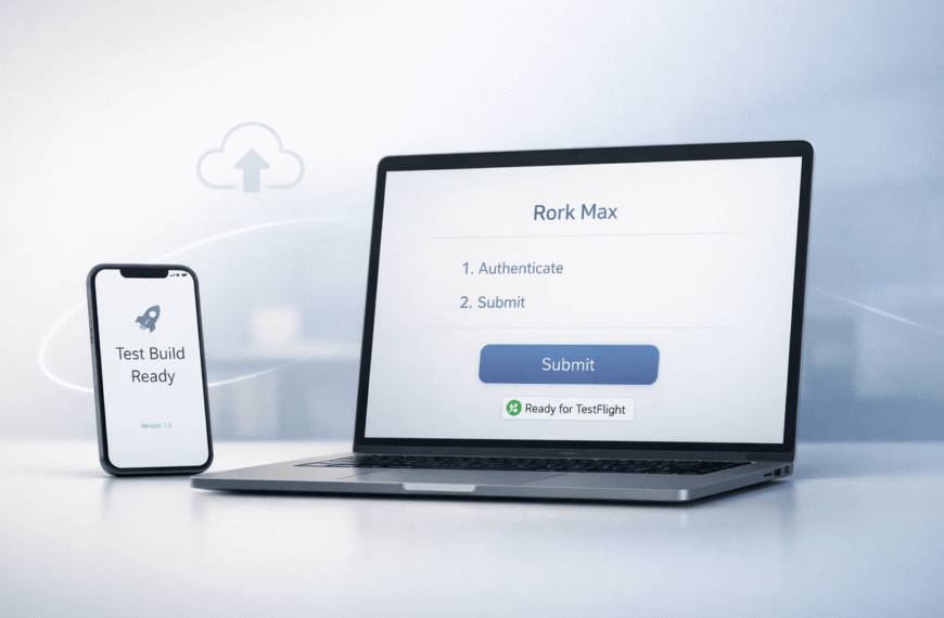 Rork Max 2-Click Publish interface showing simplified Apple App Store submission and TestFlight deployment workflow.