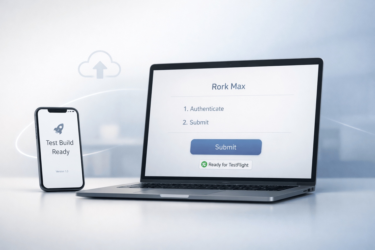 Rork Max 2-Click Publish to Apple App Store Rork Max 2-Click Publish interface showing simplified Apple App Store submission and TestFlight deployment workflow.