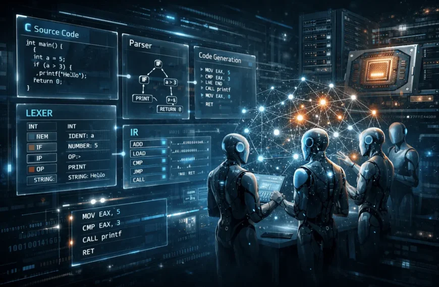 AI-built C compiler illustrating autonomous software development with AI agents generating and compiling low-level C code in a futuristic engineering environment.