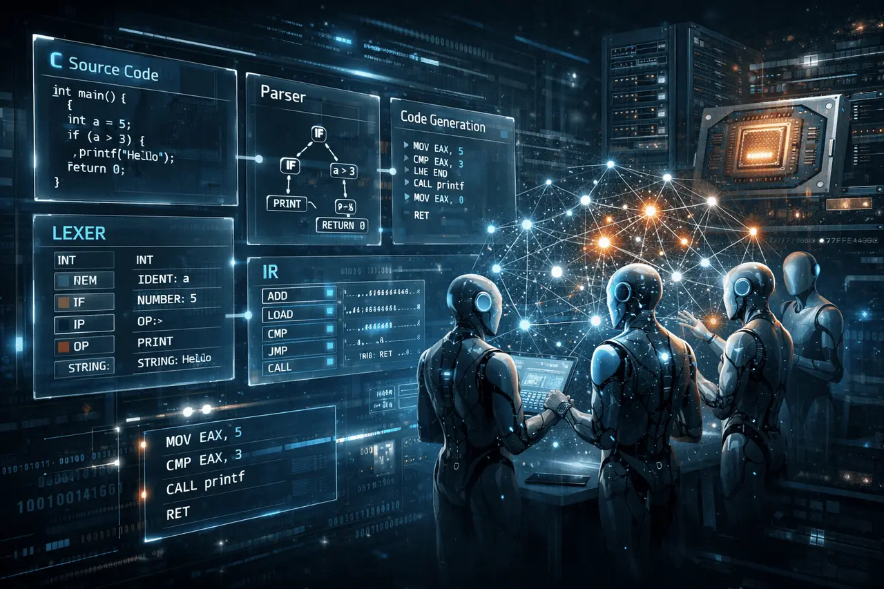 AI-Built C Compiler: The Rise of Autonomous Software Development AI-built C compiler illustrating autonomous software development with AI agents generating and compiling low-level C code in a futuristic engineering environment.