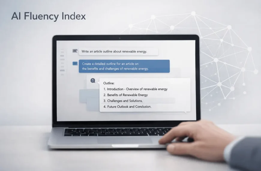 AI Fluency Index concept showing human collaborating with AI chat interface and behavioral analytics indicators on a laptop screen..