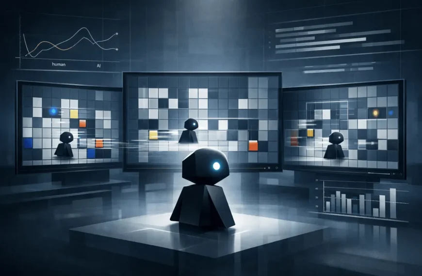 ARC-AGI-3 Toolkit visual showing high-speed AI agent benchmarking with interactive environments and human-normalized scoring.