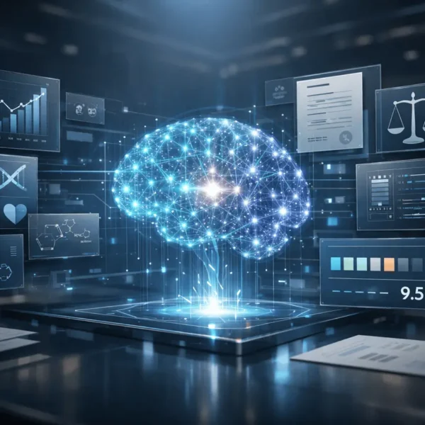 Advanced Perplexity Deep Research visual showing AI-driven analysis with multi-domain data panels and benchmarking for research accuracy and reliability.