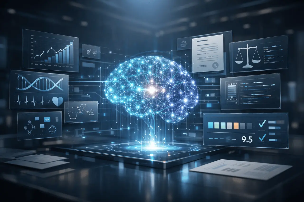 Advanced Perplexity Deep Research and DRACO Benchmark Guide Advanced Perplexity Deep Research visual showing AI-driven analysis with multi-domain data panels and benchmarking for research accuracy and reliability.