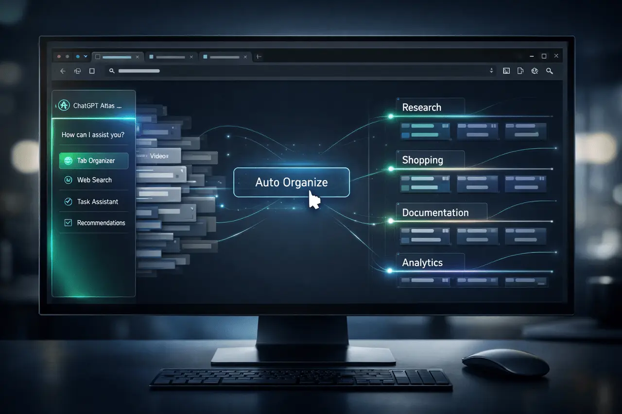 ChatGPT Atlas: The Future of AI-Powered Browsing ChatGPT Atlas AI browser interface showing smart tab search and auto organize feature grouping cluttered tabs into structured categories.