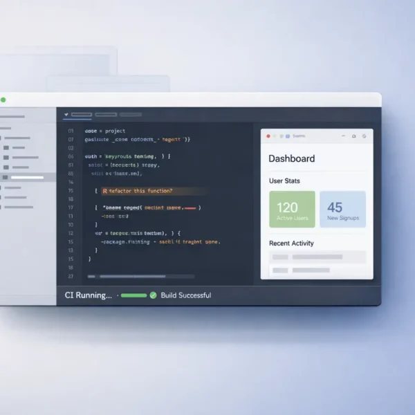 Claude Code Desktop interface preview showing code editor, live app preview, and CI automation dashboard in a minimal modern layout.