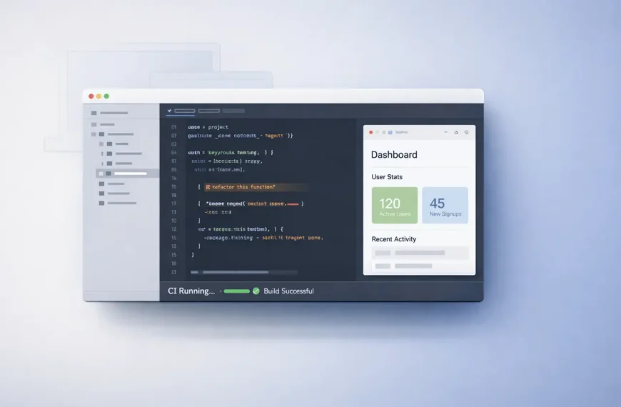 Claude Code Desktop interface preview showing code editor, live app preview, and CI automation dashboard in a minimal modern layout.