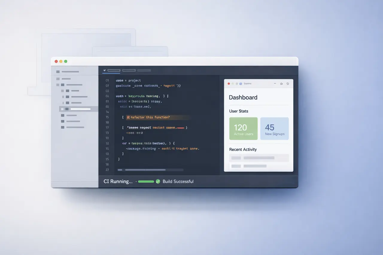 Claude Code Desktop: App Preview, Code Review and CI Automation Claude Code Desktop interface preview showing code editor, live app preview, and CI automation dashboard in a minimal modern layout.