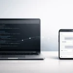 Claude Code Remote Control feature image showing laptop terminal connected to smartphone app interface with subtle cross-device data link.