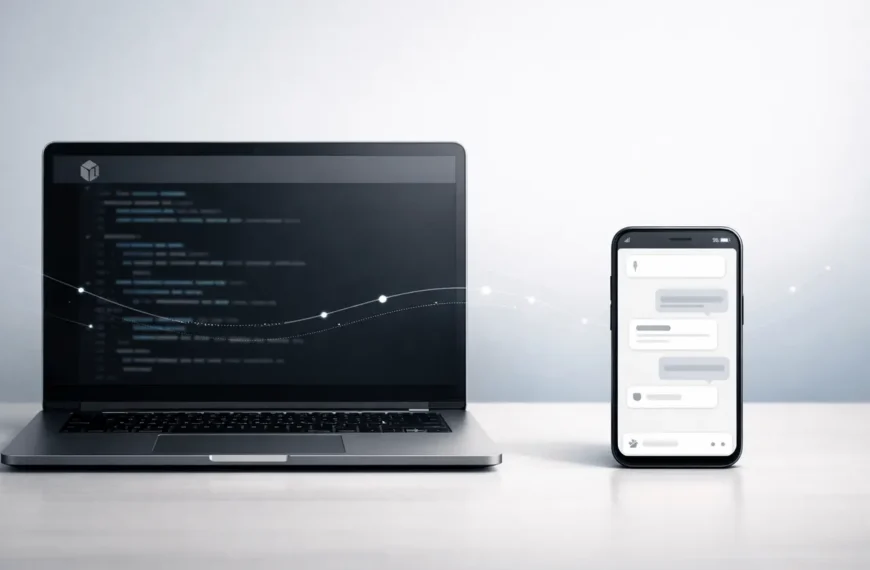 Claude Code Remote Control feature image showing laptop terminal connected to smartphone app interface with subtle cross-device data link.