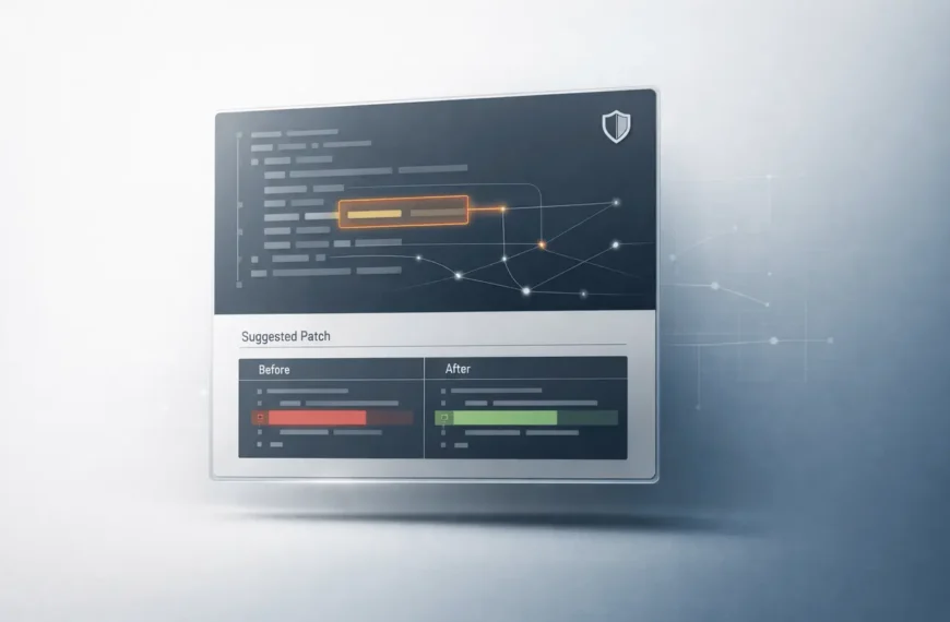 Claude Code Security AI interface scanning codebase for vulnerabilities with suggested patch highlights in a minimal enterprise dashboard design.