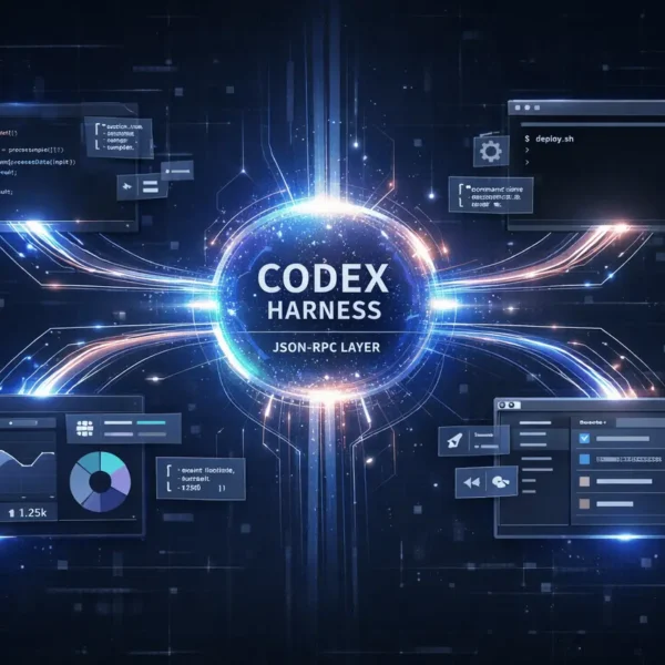 Codex harness architecture illustrating the App Server connecting IDEs, command-line tools, web apps, and desktop coding environments through a unified AI workflow.