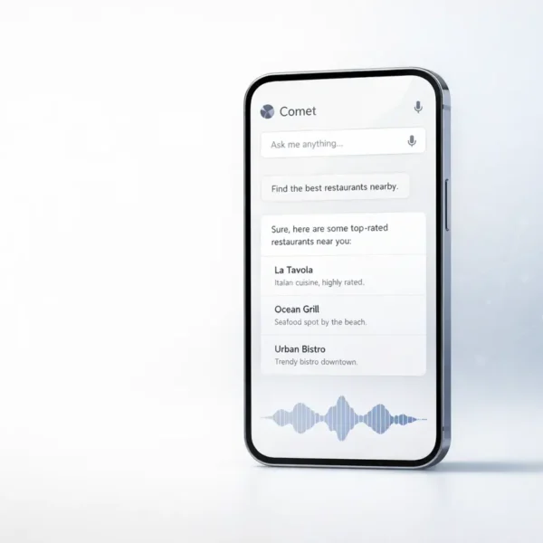 Comet upgraded voice mode interface showing hands-free AI browser control on a modern smartphone screen.