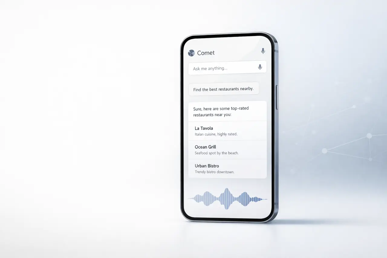 Comet Upgraded Voice Mode Enables Full Hands-Free Browsing Comet upgraded voice mode interface showing hands-free AI browser control on a modern smartphone screen.