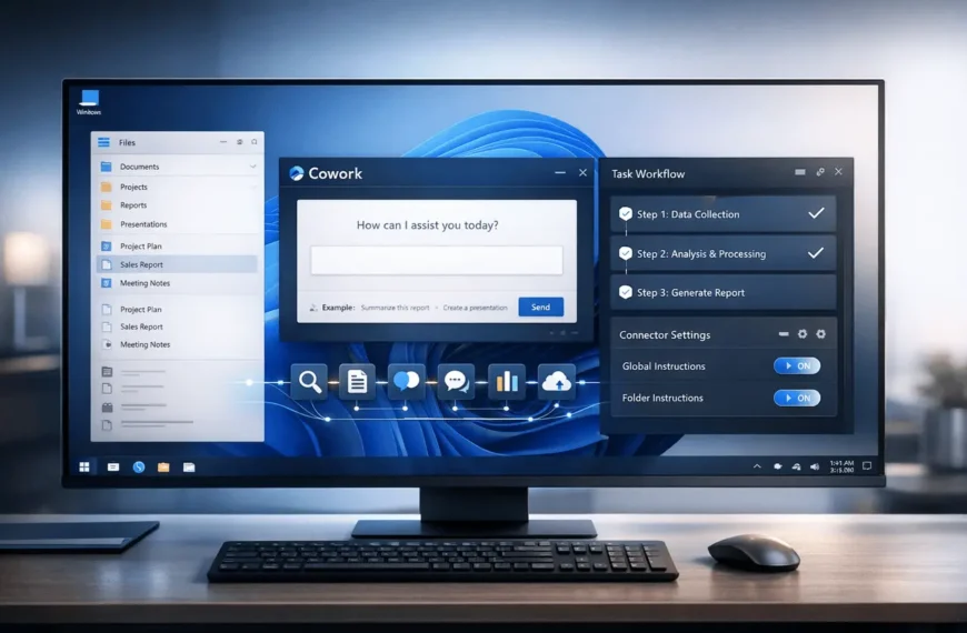 SuperGok Cowork on Windows interface showing file access, multi-step task execution, plugins, MCP connectors, and global instructions in a desktop workspace environment.