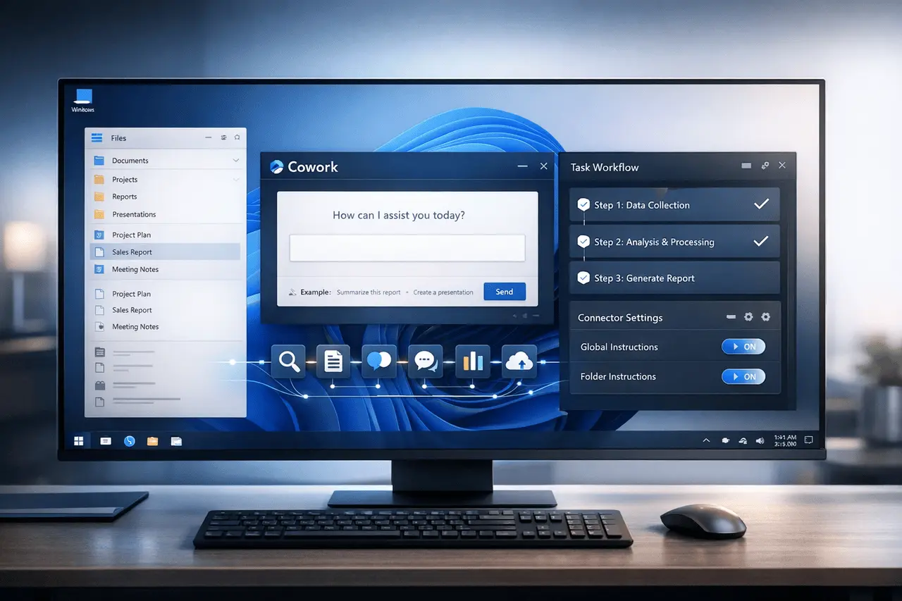 Cowork on Windows: Full Feature Parity and Capabilities Cowork on Windows interface showing file access, multi-step task execution, plugins, MCP connectors, and global instructions in a desktop workspace environment.