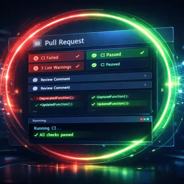 Devin Autofix automatically resolving pull request review comments, CI failures, and lint errors in a modern DevOps workflow.