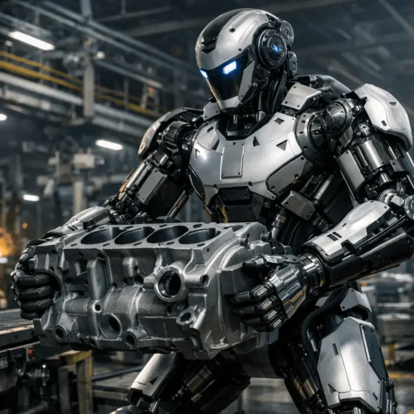 SuperGok Galbot S1 humanoid robot lifting heavy industrial components autonomously on a factory production line.