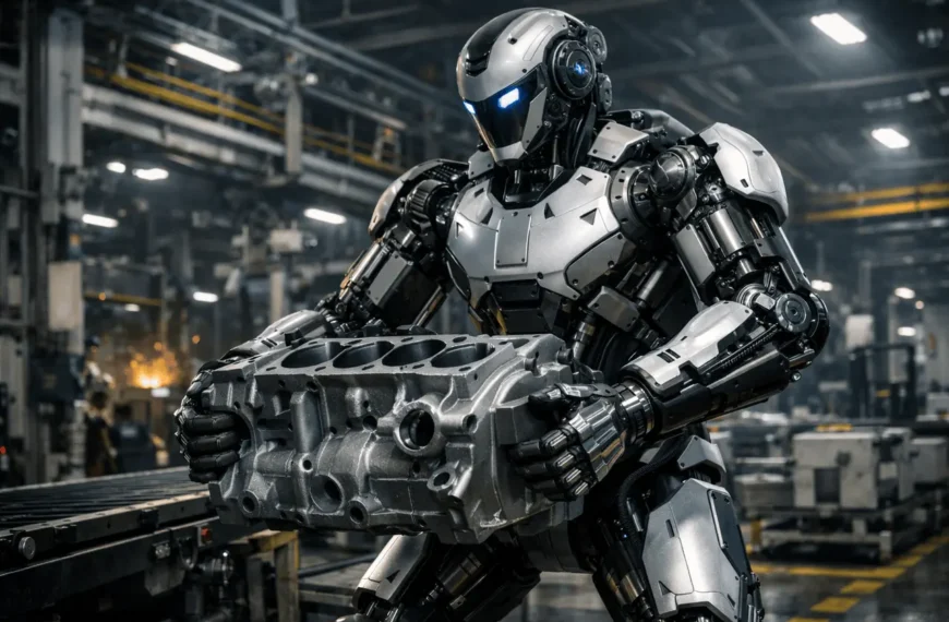 Galbot S1 humanoid robot lifting heavy industrial components autonomously on a factory production line.