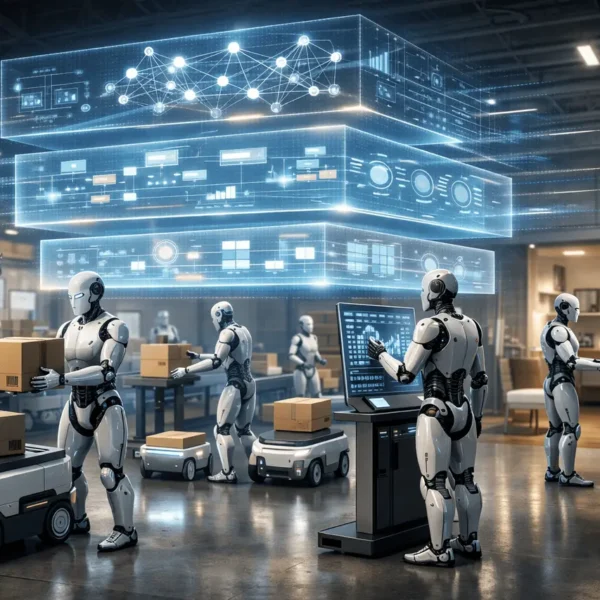 KinetIQ AI Framework coordinating a fleet of humanoid and wheeled robots using multi-layer AI orchestration in industrial and service environments.