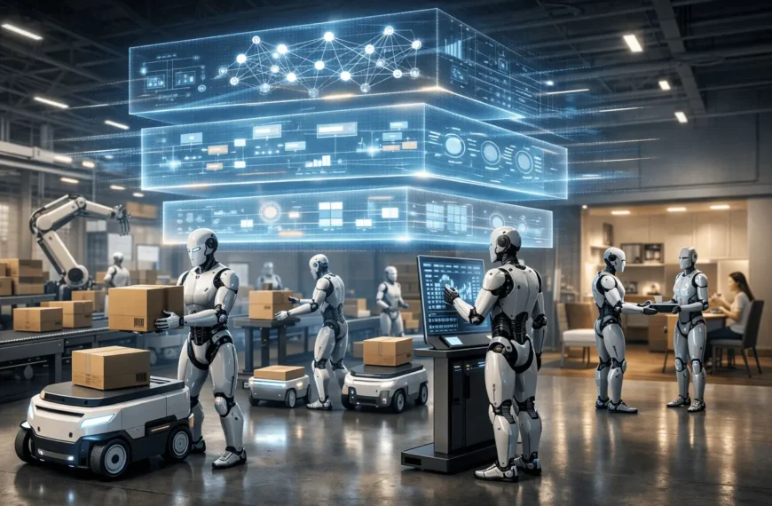 SuperGok KinetIQ AI Framework coordinating a fleet of humanoid and wheeled robots using multi-layer AI orchestration in industrial and service environments.