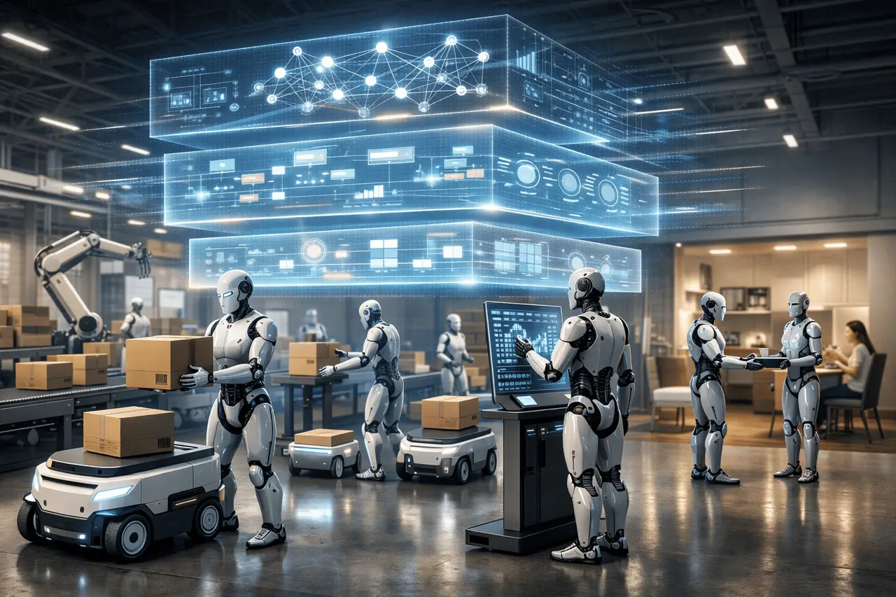 KinetIQ AI Framework: Orchestrating Humanoid Robot Fleets KinetIQ AI Framework coordinating a fleet of humanoid and wheeled robots using multi-layer AI orchestration in industrial and service environments.