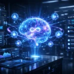 Manus AI Always-On Agent visual showing persistent AI core with subagents, memory system, and dedicated compute instance network.
