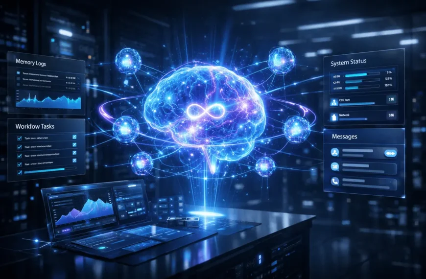 Manus AI Always-On Agent visual showing persistent AI core with subagents, memory system, and dedicated compute instance network.