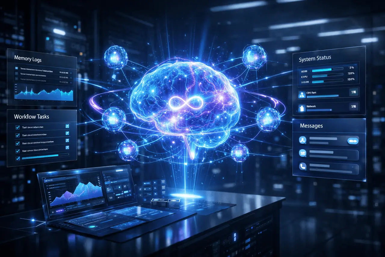 Manus AI Always-On Agent: Features, Architecture and Use Cases Manus AI Always-On Agent visual showing persistent AI core with subagents, memory system, and dedicated compute instance network.
