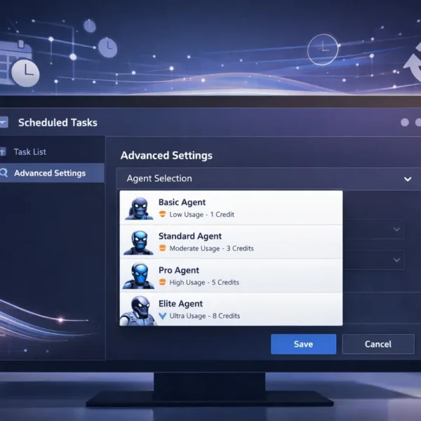 Manus agent selection for scheduled tasks showing AI dashboard with agent-based automation and credit management controls.