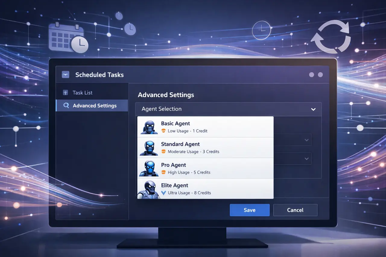 Manus Agent Selection for Scheduled Tasks Explained Manus agent selection for scheduled tasks showing AI dashboard with agent-based automation and credit management controls.