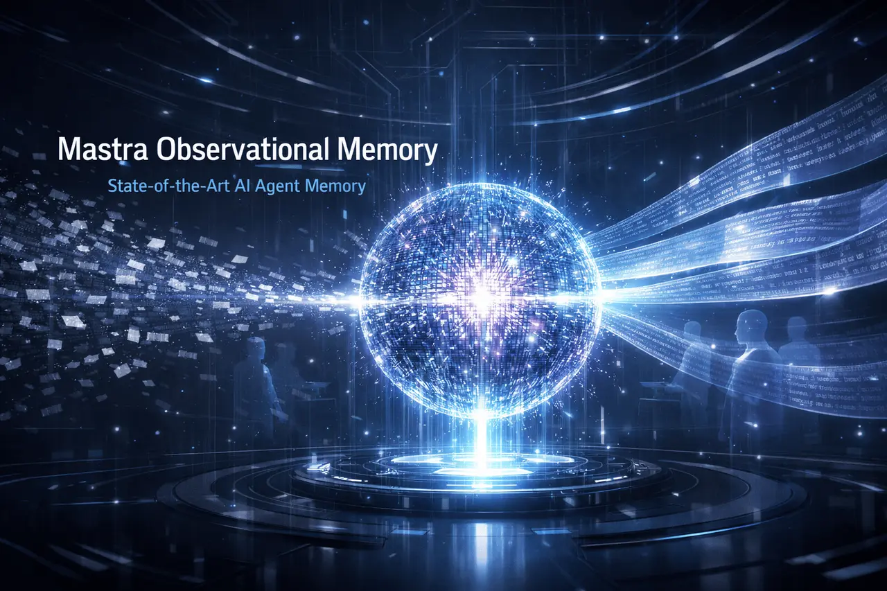 Mastra Observational Memory Achieves SOTA on LongMemEval Mastra Observational Memory visualized as a glowing compressed AI memory core transforming large conversation streams into a dense data sphere.
