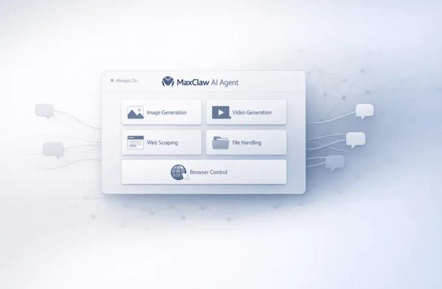 SuperGok MiniMax MaxClaw AI agent interface showing always-on automation and multi-platform integration in a minimal tech design.