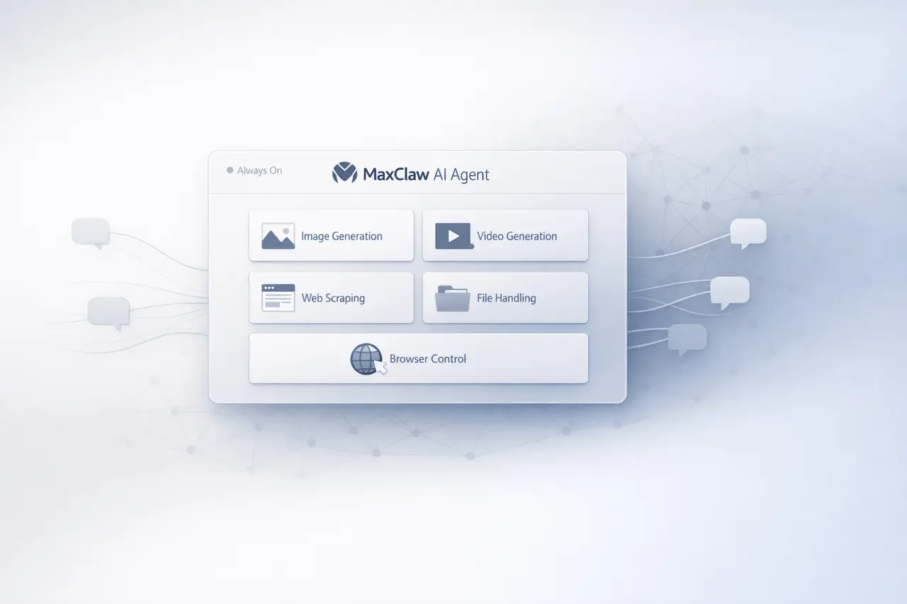 MiniMax MaxClaw AI Agent: Instant Always-On Automation MiniMax MaxClaw AI agent interface showing always-on automation and multi-platform integration in a minimal tech design.
