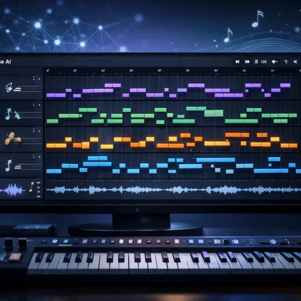SuperGok Muse AI music composition interface showing AI-assisted multi-track MIDI editing with multiple instruments in a modern digital music workspace.