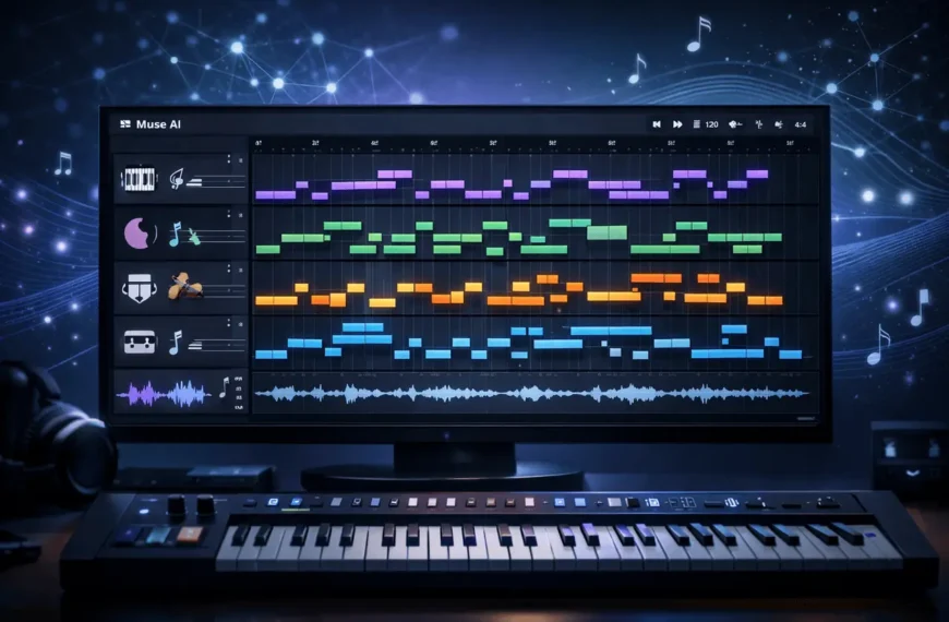 Muse AI music composition interface showing AI-assisted multi-track MIDI editing with multiple instruments in a modern digital music workspace.