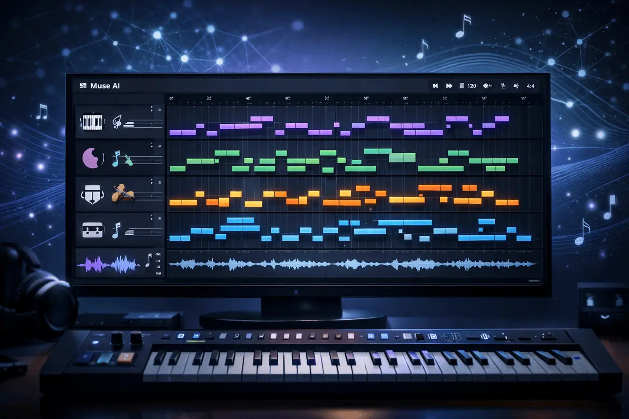 Muse AI Music Composition: AI Agent for Modern Music Creation Muse AI music composition interface showing AI-assisted multi-track MIDI editing with multiple instruments in a modern digital music workspace.