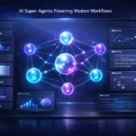 SuperGok Nebula AI super-agent platform dashboard showing autonomous AI agents collaborating across workflow channels in a modern digital workspace.