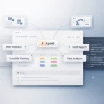 Minimal editorial feature image illustrating Notion AI agents with abstract workflow connections, computer interface panels, and code editor elements in a clean neutral workspace design.