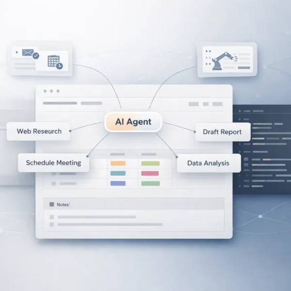 Minimal editorial feature image illustrating Notion AI agents with abstract workflow connections, computer interface panels, and code editor elements in a clean neutral workspace design.