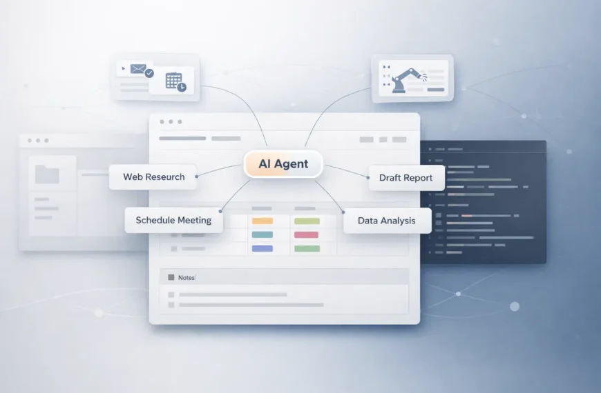 Minimal editorial feature image illustrating Notion AI agents with abstract workflow connections, computer interface panels, and code editor elements in a clean neutral workspace design.